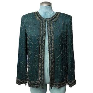 Vintage 80s JMD New York Beaded Silk Jacket Size M Green Lined Evening Festive
